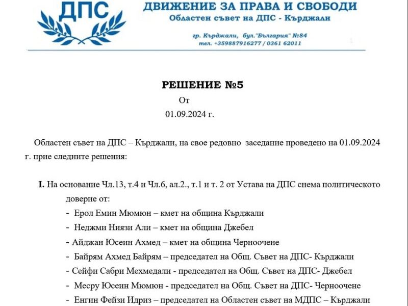 Областният съвет на ДПС сне доверието си от кметове и председатели на общински съвети